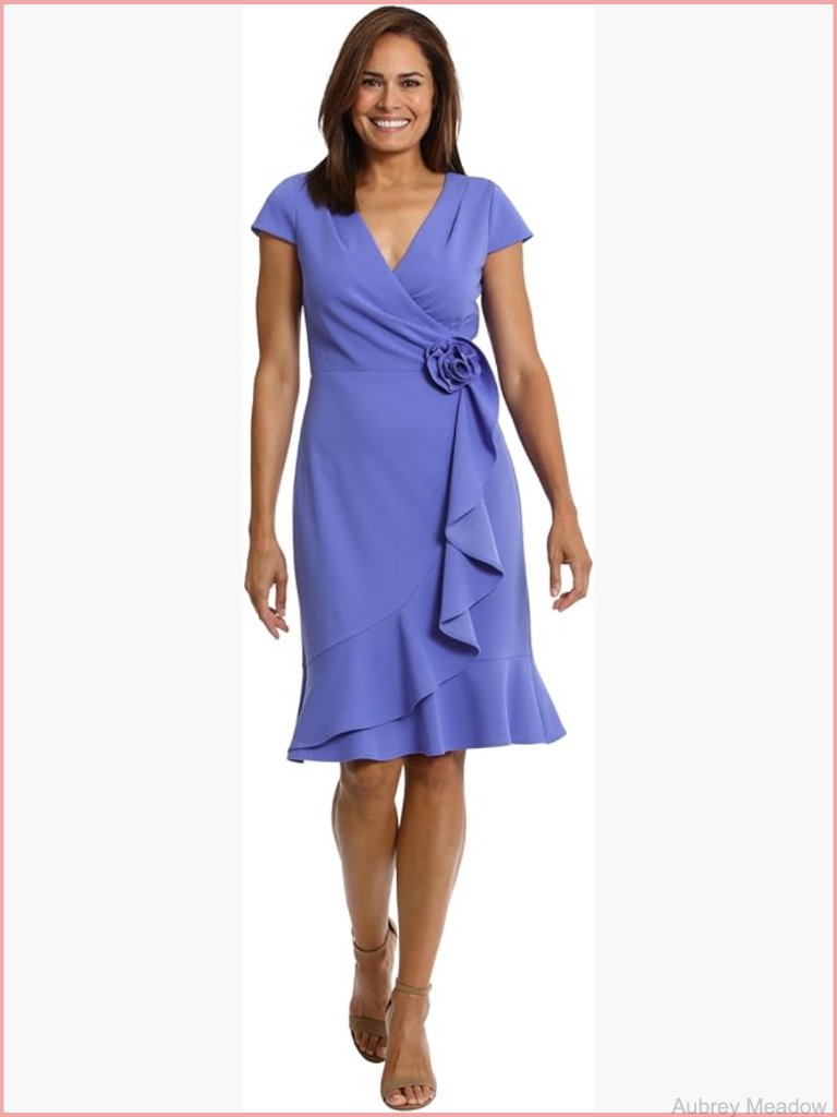 Surplice V-Neck Faux Wrap Ruffle Dress - Cap Sleeve Knee-Length Scuba Crepe